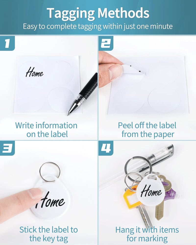 Uniclife 1.5 Inch Tough Plastic Key Tags Sturdy Round White Item Identifiers with Blank Paper Label Stickers and Split Rings, 50 Pack - Image 4